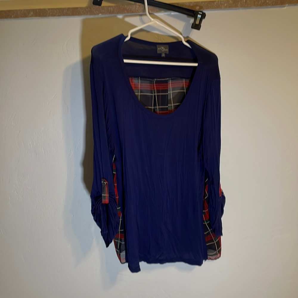 Flowy navy blue blouse with red flannel chiffon back from Stitch Fix